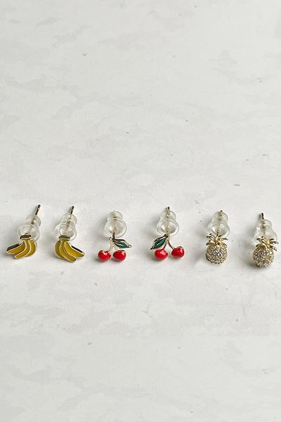 Modex Fruit Figured Gold Color Triple Earrings Set