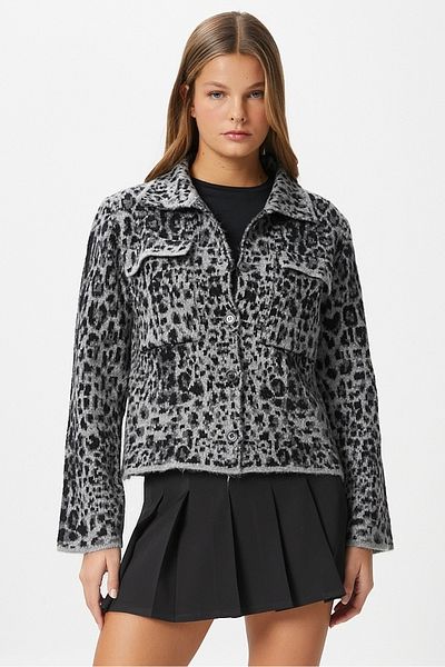 Ritnice Γυναικεία ζακέτα Laura Soft Texture Grey Polo Collar Pocket Πλεκτό Παλτό Ζακέτα