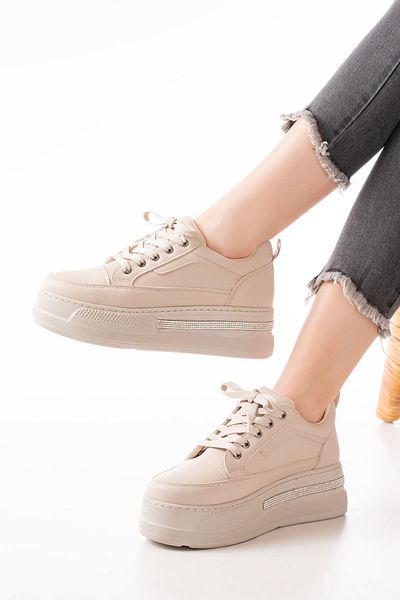 İnfon Ayakkabı Marketi Beige Lace-Up Sole Casual Sneakers with Stone Accessories Sneakers