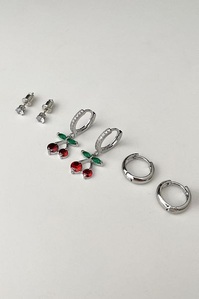 Modex Silver Colored Cherry Figured Zircon Stone Multiple Earrings Set