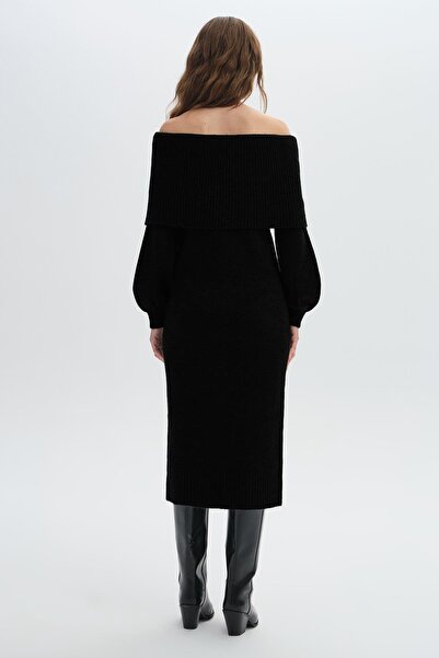 SHERIN Black Shawl Collar Long Knitwear Dress