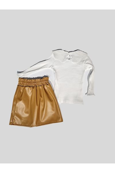 miniklife Girl's Leather Skirt Collared Badi Suit 3-7 Years