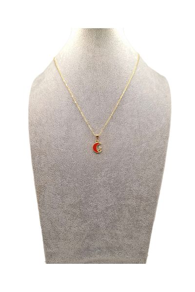 Han Ticarethane Red Crescent Moon Necklace with Gold Color Cat