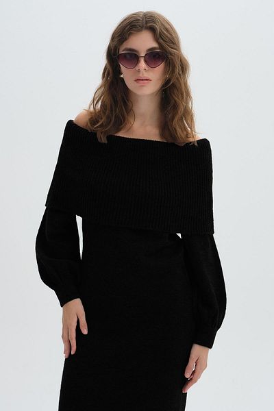 SHERIN Black Shawl Collar Long Knitwear Dress