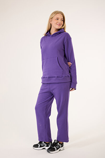 Lucky Line Kadın Mor Renk Kalın Kanguru Cepli Eşofman Takımı