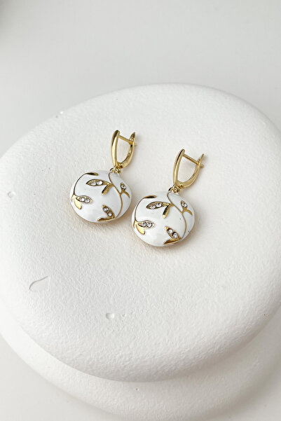 Modex Beyaz Mineli Yuvarlak Motifli Sallantılı Küpe (Ölçü:3,5cm)