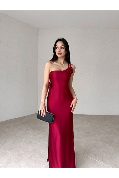 LOCH BUTİK Women's Claret Red Rose Detailed Satin Maxi Dress