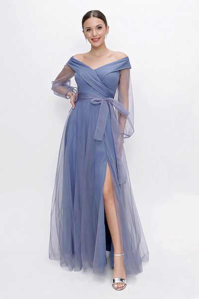 By Saygı Lace-Up Balloon Sleeve Tulle Long Evening Dress