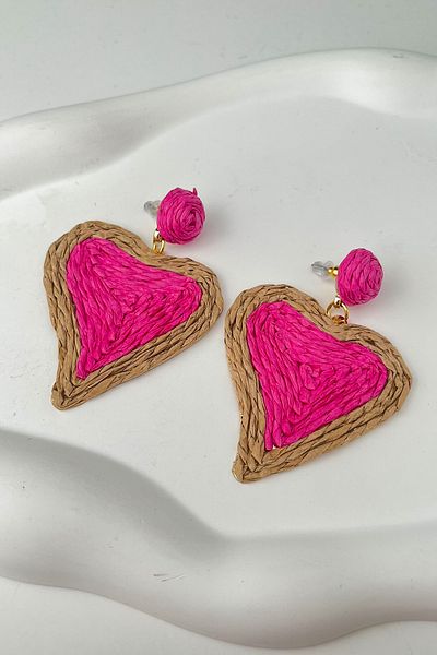 Modex Straw Braid Heart Earrings - 4.5 cm Length