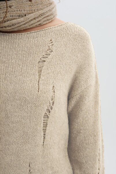 SHERIN Πλεκτό φόρεμα σε μπεζ μακρύ σκισμένο σχέδιο