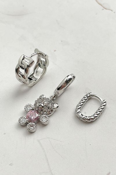 Modex Silver Color Teddy Bear Figured Triple Earrings Set