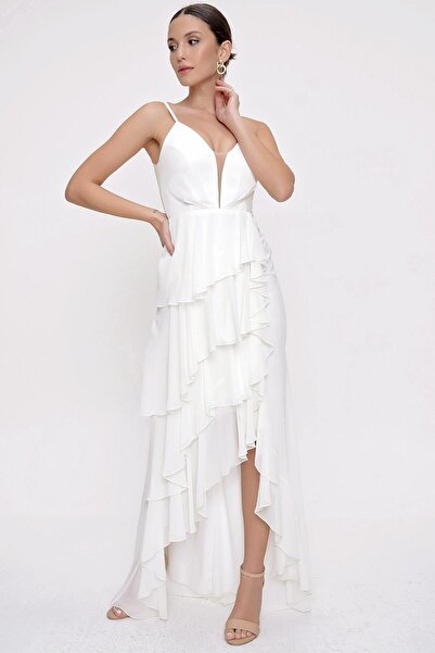 By Saygı Rope Strap Layered Flounce Lined Chiffon Long Dress