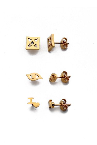 Modex Gold Color Mixed Figured Steel Earrings