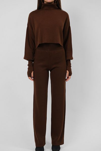 4S1B FASHION Turtleneck Crop Sweater and High Waist Pants Set - Coffee Knitwear 015