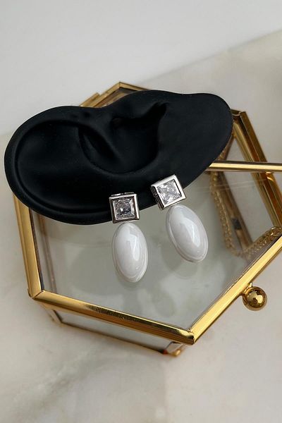 Modex Square Jewelled Oval Mother of Pearl Earrings