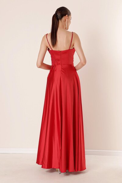 By Saygı Seilbesetztes, mit Perlen verziertes, detailliertes, gefüttertes, drapiertes, langes Satinkleid