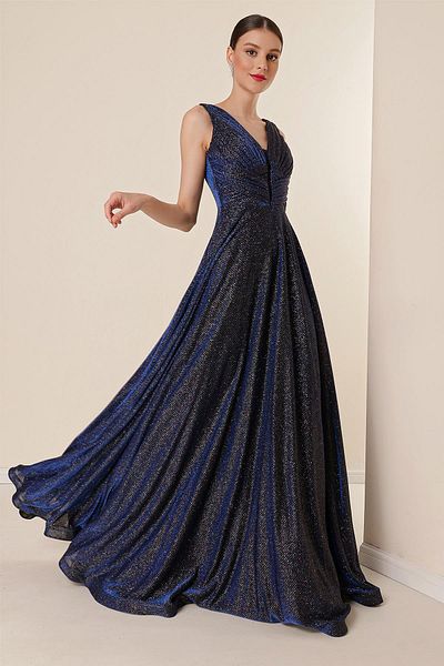 By Saygı Thick Strap Lined Mini Checkered Wide Size Glittery Long Dress