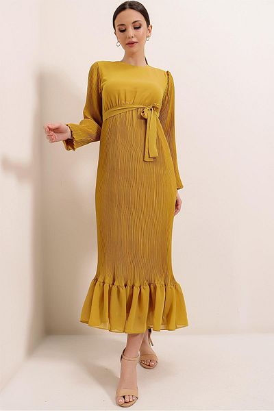 By Saygı Pleated Long Chiffon Dress with Ruffled Hem and Belted Waist