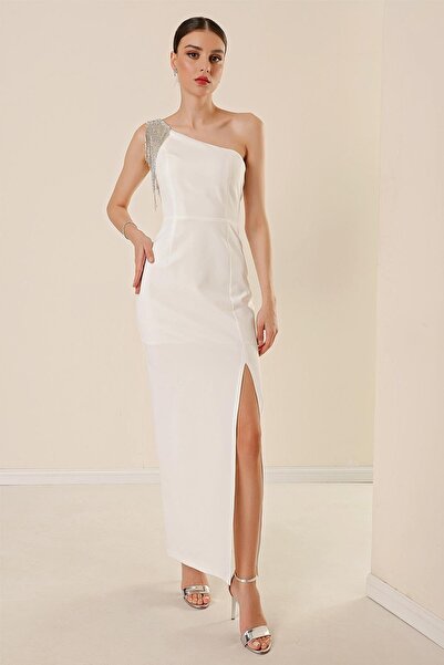 By Saygı One Shoulder Rhinestone Chain Detail Front Slit Lined Long Dress