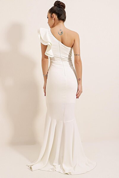 By Saygı Single Flywheel Sleeves Lined Front Short Skirt Flounces Long Crepe Dress