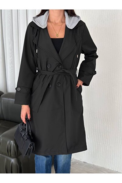 gozdefashion Kadın Gri Kapüşon Detaylı Uzun Trençkot