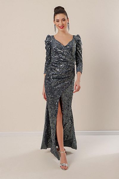 By Saygı Shoulder and Waist Pleated Lined Sequin Long Velvet Dress