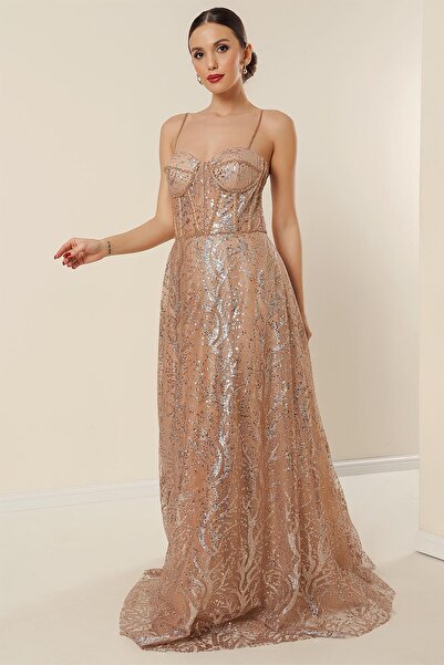 By Saygı Φόρεμα με μακρύ σχοινί με πούλιες και λάμψη - με λεπτή γραμμή με χάντρες