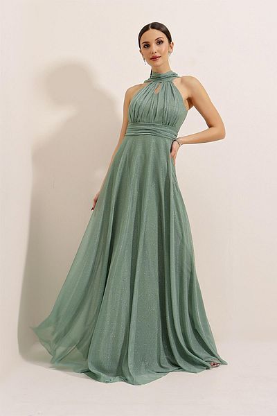 By Saygı Halter Lining Lined Glitter Long Dress
