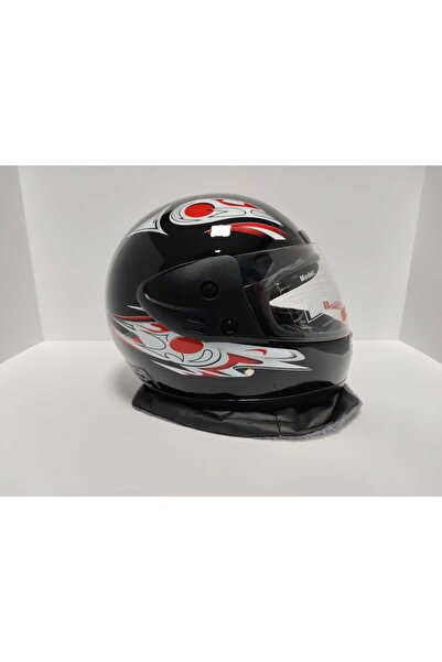 Leos -FULL FACE KASK-SİYAH KIRMIZI DESENLİ-DERİ BOYUNLUKLU-