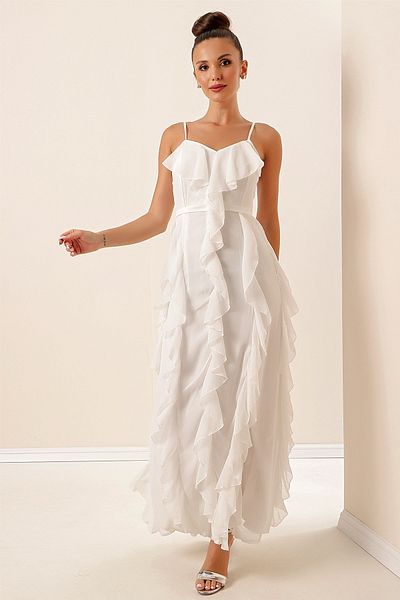 By Saygı Rope Strap Ruffle Detailed Lined Chiffon Dress
