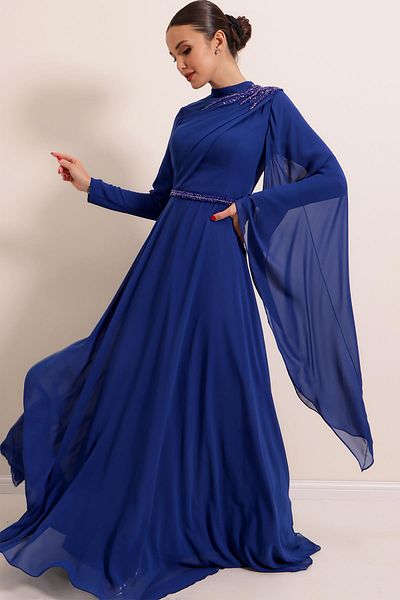 By Saygı Shoulder And Waist Bead Detailed Lined Chiffon Long Dress Saks