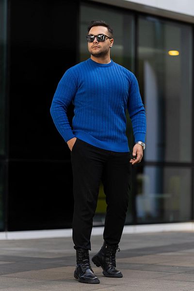 VİP LOKAL Pulover Saks Blue, slim fit, cu modele, care nu se scurge