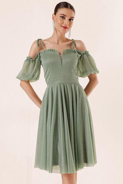By Saygı Pleated Balloon Sleeves Lined Glitter Tulle Dress