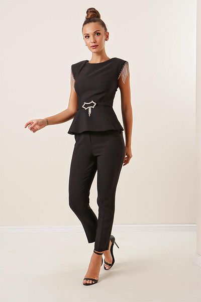 By Saygı Shoulders Stone and Chain Detailed Waist Belted Blouse Pants Set of 2