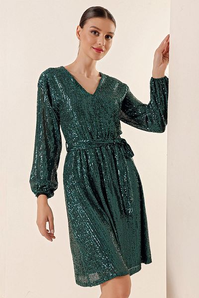 By Saygı V-Neck Waist Belted Lined Sequin Short Dress