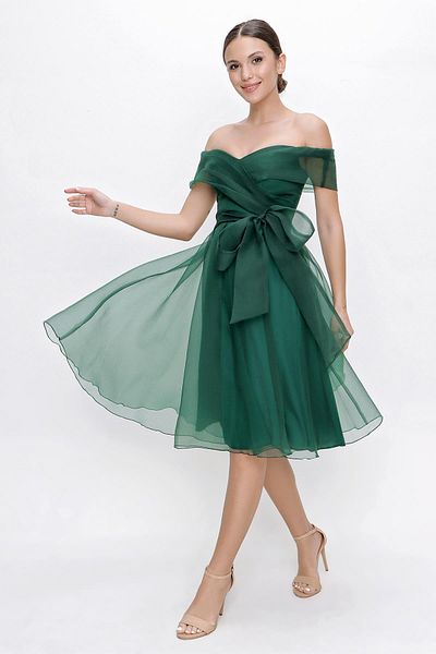 By Saygı Madonna Neckline Waist Belted Lined Organza Dress
