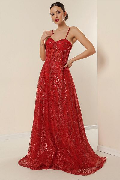 By Saygı Kleid mit langen Seilträgern und Bügeln mit Pailletten und Glitzer – gefüttert mit Perlendetails