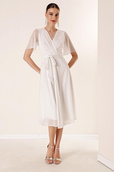 By Saygı Double Breasted Neckline Waist Belted Lined Glitter Tulle Dress