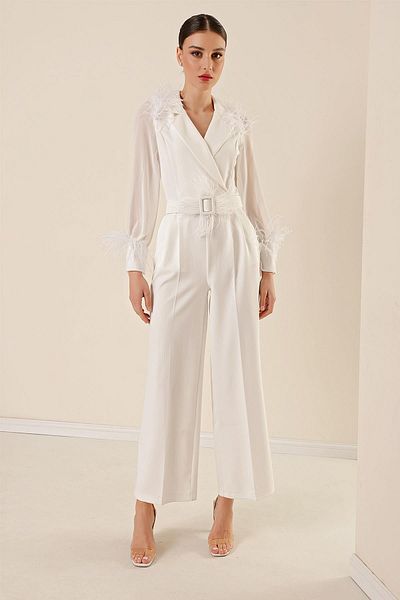 By Saygı Chiffon-Overall mit Federdetails, Ärmeln, Taillengürtel und Taschen