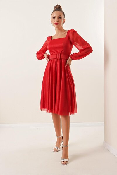 By Saygı Glitzerkleid mit quadratischem Kragen, Gürtel, Ballonärmeln und Futter