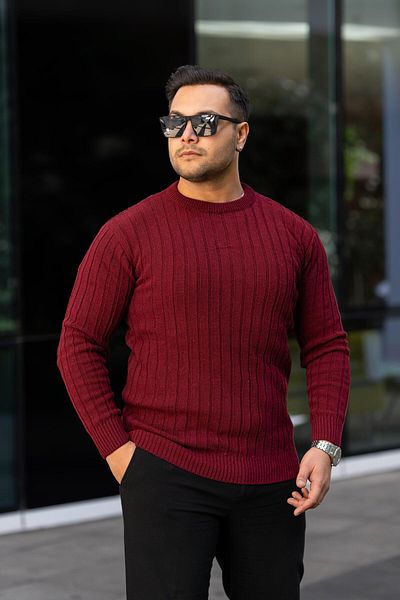 VİP LOKAL Burgundy Non-Pilling Slim Fit Patterned Knitwear Sweater