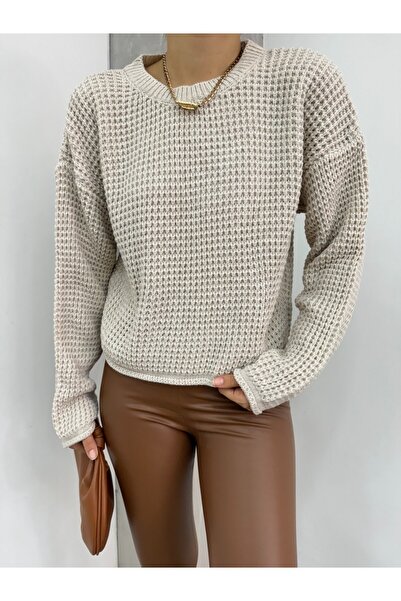 Modamorfo Pulover tricotat cu gât rotund de culoare piatră