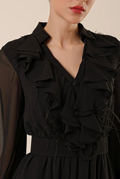 By Saygı Pololímeček vpředu na poloviční knoflík, setrvačník a peříčko, podšité dlouhé šifonové šaty s páskem v pase