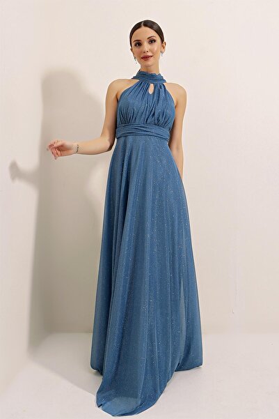 By Saygı Rochie lungă cu sclipici căptușită cu gât