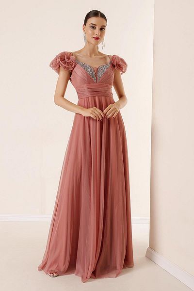 By Saygı V-Neck Jewel Detailed Long Tulle Dress - Rope Strap, Short Sleeve