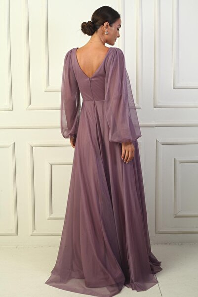 By Saygı V-neck Balloon Sleeve Long Tulle Dress - Front and Back Design