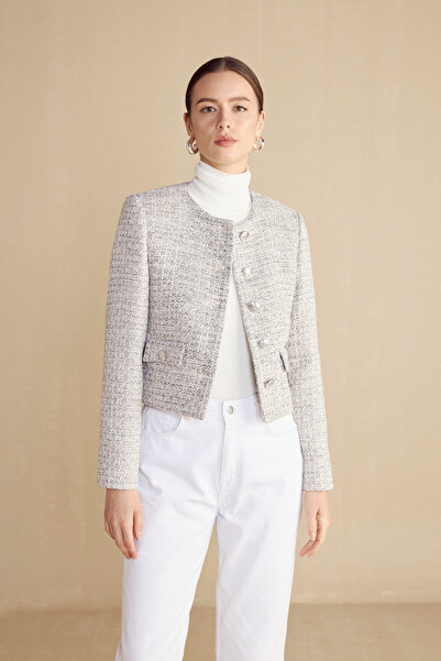 BROOKS BROTHERS Kadın Gri Simli Tüvit Kadın Crop Ceket