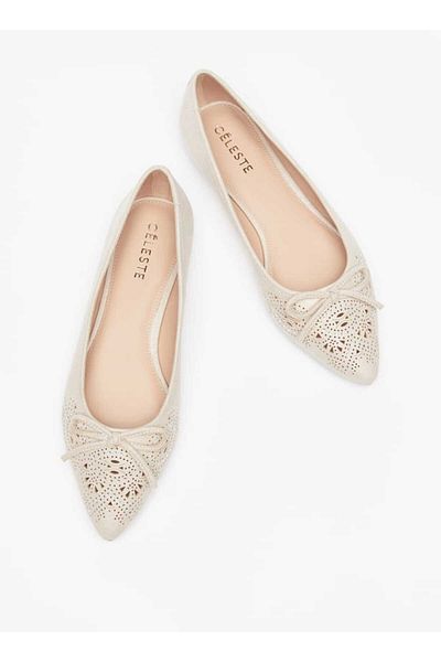Celeste Women's Textured Pointed Toe Ballerina Shoes with Bow Detail