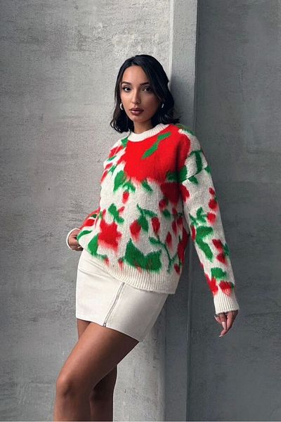 Ecenin Favorileri Pulover de culoare piatră cu model de flori
