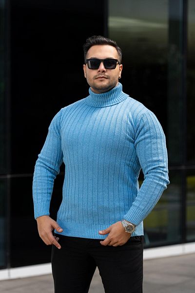 VİP LOKAL Pulover de tricotaj pentru bărbați, albastru, slim fit, cu gât în picioare